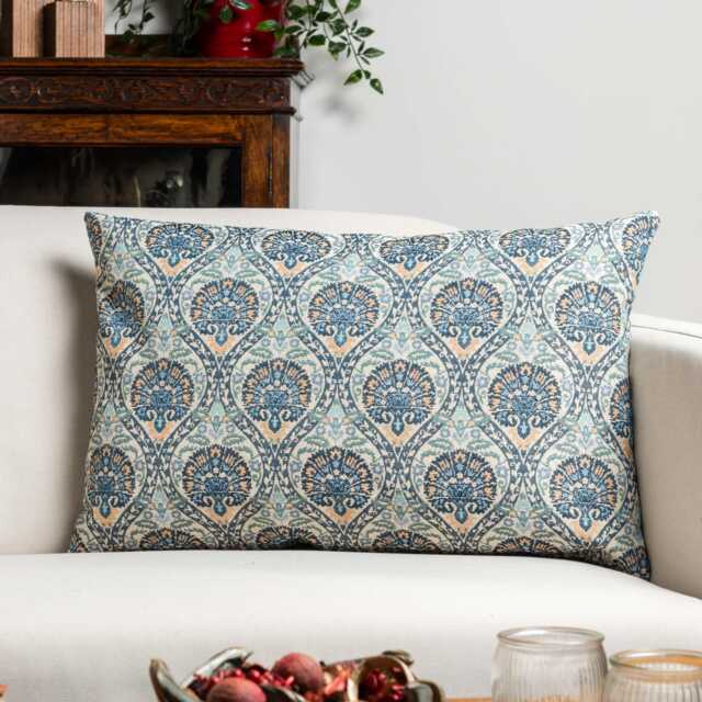 Palace Courtyard Tapestry Xl Rectangular Cushion in Blue. Floral Medallions & Botanical Vines Green, Yellow-Gold & Cream. 23X15 - image 1