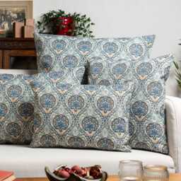 Palace Courtyard Tapestry Xl Rectangular Cushion in Blue. Floral Medallions & Botanical Vines Green, Yellow-Gold & Cream. 23X15 - thumbnail 2