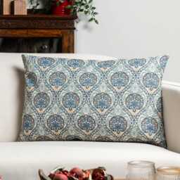 Palace Courtyard Tapestry Xl Rectangular Cushion in Blue. Floral Medallions & Botanical Vines Green, Yellow-Gold & Cream. 23X15