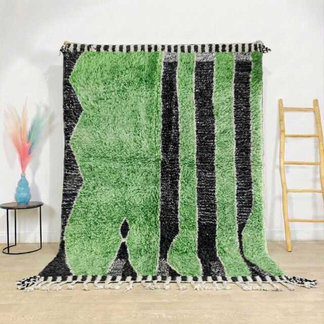 Moroccan Green & Black Berber Rug, Handwoven Wool Shag Geometric Stripes & Shapes, Authentic Beni Ourain Style Carpet, Large Area Rug - image 1