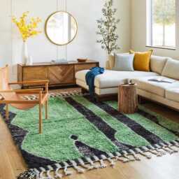 Moroccan Green & Black Berber Rug, Handwoven Wool Shag Geometric Stripes & Shapes, Authentic Beni Ourain Style Carpet, Large Area Rug - thumbnail 2