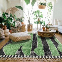 Moroccan Green & Black Berber Rug, Handwoven Wool Shag Geometric Stripes & Shapes, Authentic Beni Ourain Style Carpet, Large Area Rug - thumbnail 3