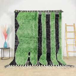 Moroccan Green & Black Berber Rug, Handwoven Wool Shag Geometric Stripes & Shapes, Authentic Beni Ourain Style Carpet, Large Area Rug - thumbnail 1