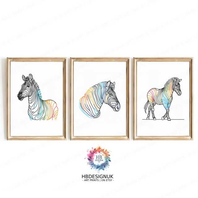 Colourful Zebra Prints - Set Of 3 Posters - Wall Decor Living Room Artwork Modern Print Style Line Drawing Minimalist - image 1