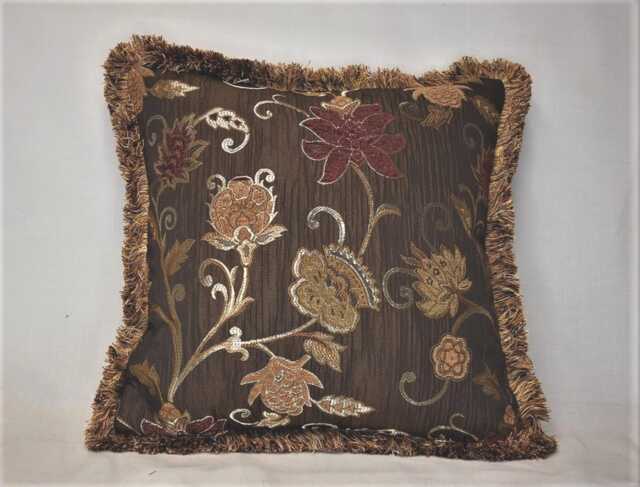 Embroidered Floral Gold Brown Rust Decortive Throw Pillow With Fringe For Sofa Chair Or Couch Hamdmade in Usa - image 1