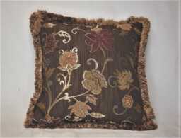 Embroidered Floral Gold Brown Rust Decortive Throw Pillow With Fringe For Sofa Chair Or Couch Hamdmade in Usa - thumbnail 1