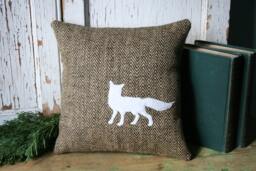 White Fox Herringbone Jute Burlap Pillow, Silhouette, Handmade - thumbnail 1