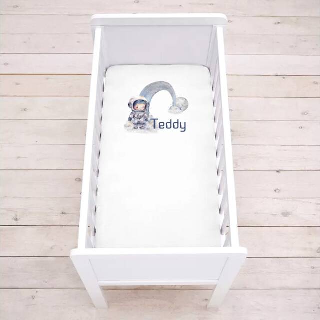 Personalised Custom Bedding Sheet, Cot, Crib, Toddler Bed, Space Theme Nursery, Any Name, Astronaught, Rainbow, New Baby Gift, Decor - image 1