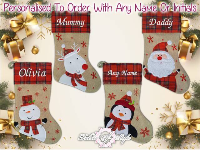 Personalised Tartan Christmas Stocking Luxury Embroidered Xmas Stockings Santa Reindeer Snowman Hessian - image 1