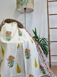 Kantha Stitch Pure Cotton Reversible Bed/Sofa Throw King Size Handmade Handprinted Floral Dohar Elegant Mughal Pine Motif Botanical Bloom