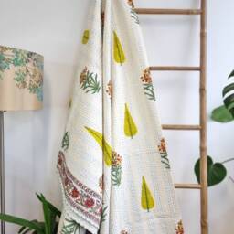 Kantha Stitch Pure Cotton Reversible Bed/Sofa Throw King Size Handmade Handprinted Floral Dohar Elegant Mughal Pine Motif Botanical Bloom - thumbnail 3