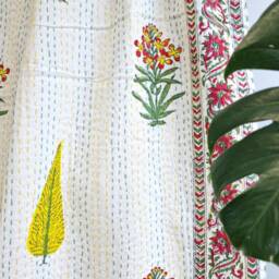 Kantha Stitch Pure Cotton Reversible Bed/Sofa Throw King Size Handmade Handprinted Floral Dohar Elegant Mughal Pine Motif Botanical Bloom - thumbnail 4