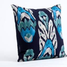 Ethnic Ikat Pillow Cover, Aqua Teal Navy, Vervain Fabric - thumbnail 2
