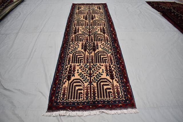 3x10 Beljik Hallway Rug - Handmade Afghan Wool Runner Ivory Red Blue Carpet - image 1