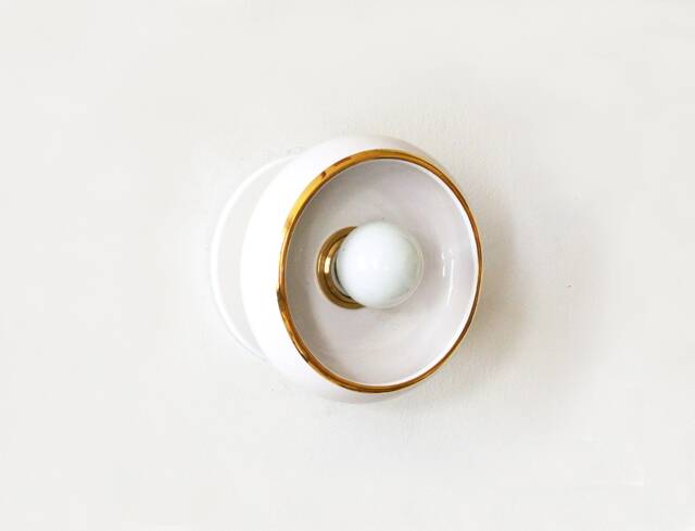 White Ceramic Wall Sconce With Gold Accent - Porcelain Bathroom Lamp - image 1