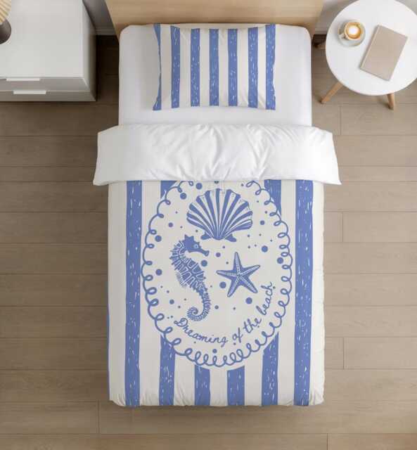 Bedding - Blue Seashell Stripes, Duvet Cover Set, Fitted Sheets, Pillow Case, Modern Bedding - image 1