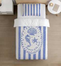 Bedding - Blue Seashell Stripes, Duvet Cover Set, Fitted Sheets, Pillow Case, Modern Bedding - thumbnail 1