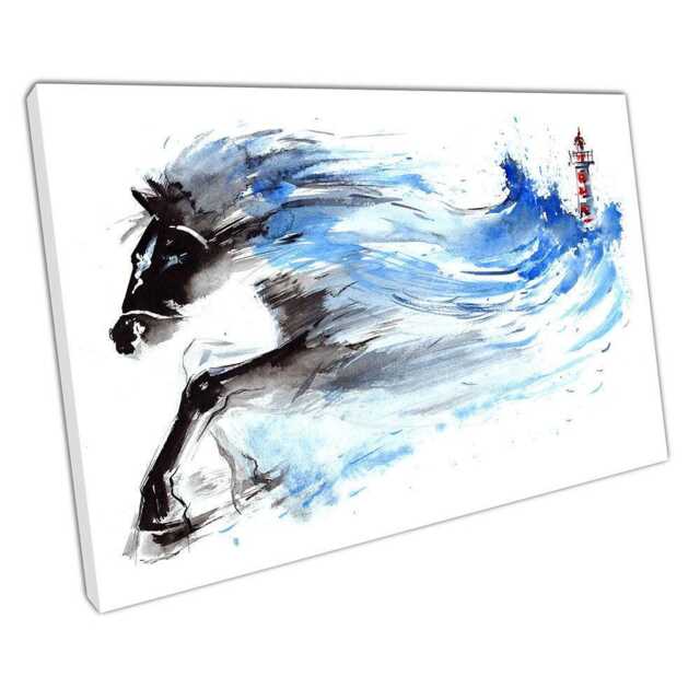 Lighthouse Ocean Art Print - Raging Sea Horses in Black Blue Ready To Hang Wall D??cor For Home Office - image 1