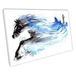 Lighthouse Ocean Art Print - Raging Sea Horses in Black Blue Ready To Hang Wall D??cor For Home Office - thumbnail 1