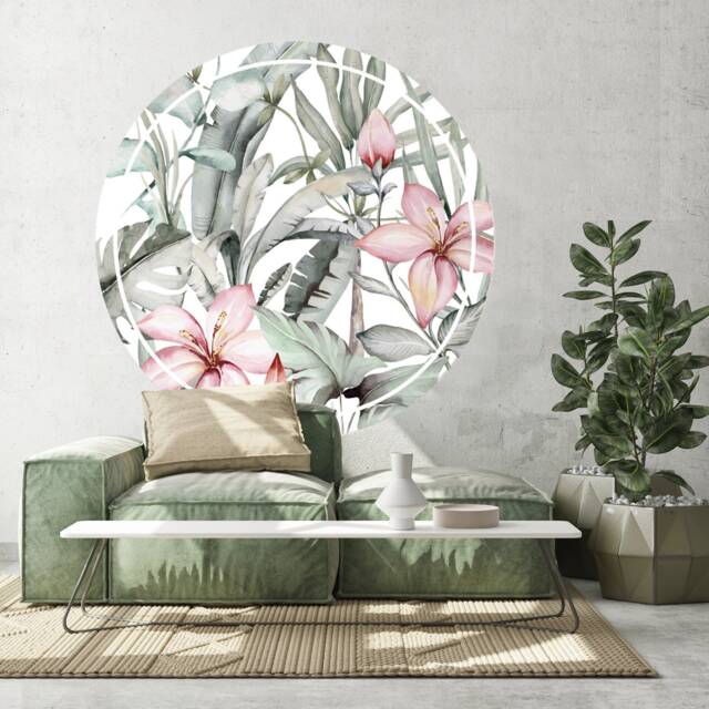 Tropical Green Leaves & Pink Flower Circle Wall Decal Sticker By Dizzy Duck - image 1