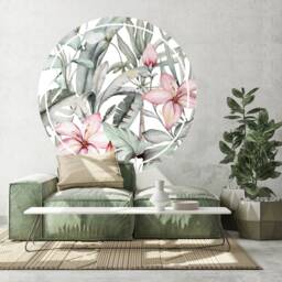 Tropical Green Leaves & Pink Flower Circle Wall Decal Sticker By Dizzy Duck - thumbnail 1