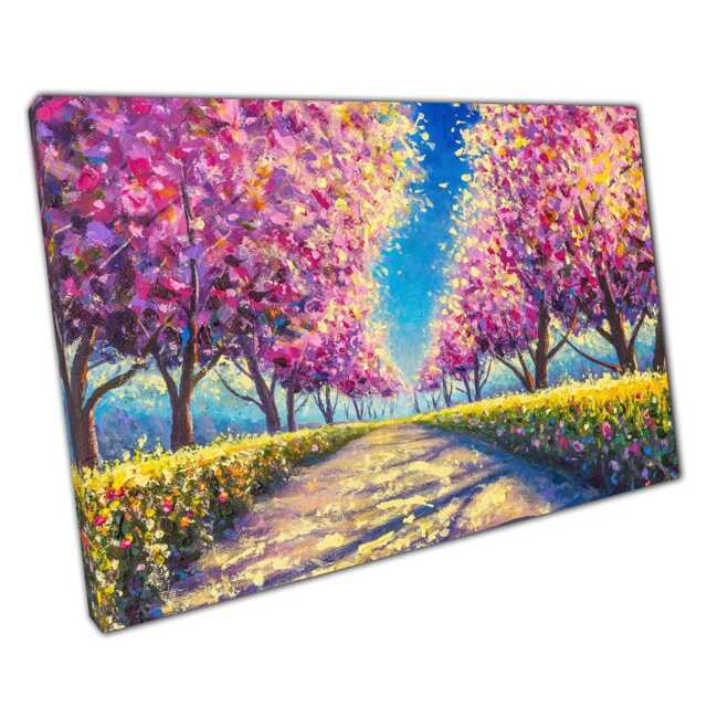 Park Path Oil Painting Print With Wildflowers Cherry Blossom Trees For Home Office Decor - image 1