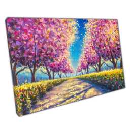 Park Path Oil Painting Print With Wildflowers Cherry Blossom Trees For Home Office Decor - thumbnail 1