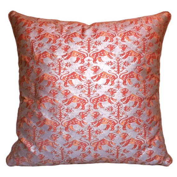 Fortuny Fabric Throw Pillow Cushion Cover in Bittersweet & Silvery Gold Richelieu Pattern - Made Italy - image 1