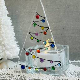 Fused Glass Christmas Tree Tea Light Holder Multicolor Ornament - thumbnail 2