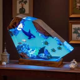 Ocean Resin Lamp Christmas Gift, Wood Epoxy Night Light Underwater World Shark &turtle - thumbnail 1