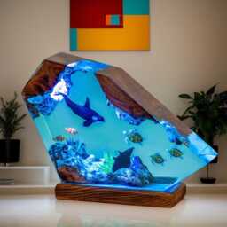 Ocean Resin Lamp Christmas Gift, Wood Epoxy Night Light Underwater World Shark &turtle - thumbnail 3