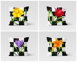 Yellow Checkered Flower Cushion Cover/Red Pillow Case/Lilac Throw Top/Housewarming Gift Black White Case