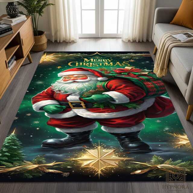 Santa Claus Christmas Rug, Holiday Green & Gold Festive Mat - image 1