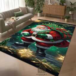 Santa Claus Christmas Rug, Holiday Green & Gold Festive Mat - thumbnail 2