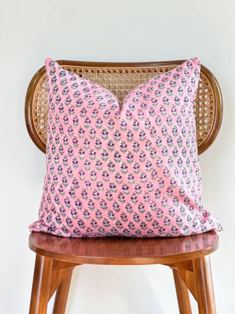 Block Print Flower Pillow Pink Peach Cotton Voile, Farmhouse Decor - image 1
