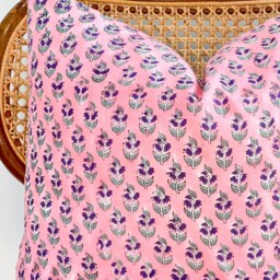 Block Print Flower Pillow Pink Peach Cotton Voile, Farmhouse Decor - thumbnail 2