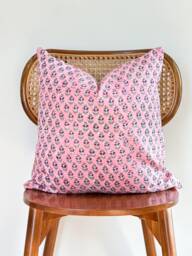 Block Print Flower Pillow Pink Peach Cotton Voile, Farmhouse Decor - thumbnail 1