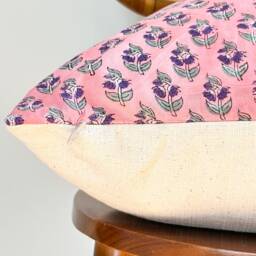 Block Print Flower Pillow Pink Peach Cotton Voile, Farmhouse Decor - thumbnail 4