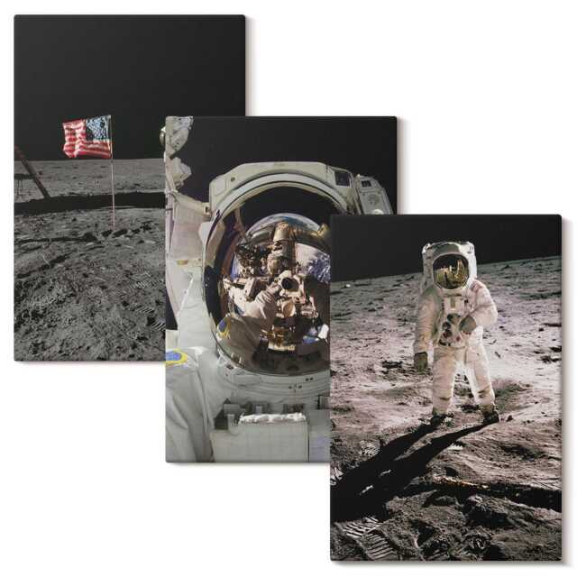 Canvas Wall Art Set Of 3 - Astronauts Landing On The Moon Photos, Black Art, Space & Astrology Decor - image 1