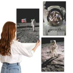 Canvas Wall Art Set Of 3 - Astronauts Landing On The Moon Photos, Black Art, Space & Astrology Decor - thumbnail 2