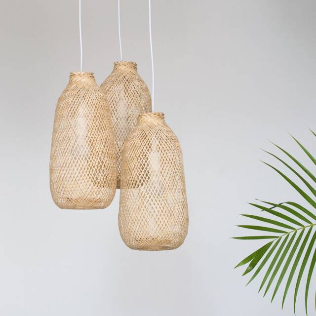 Triple Drop Bamboo Pendant Light Cluster Canopy Plate Hardwire Woven Fishing Trap Wooden - image 1