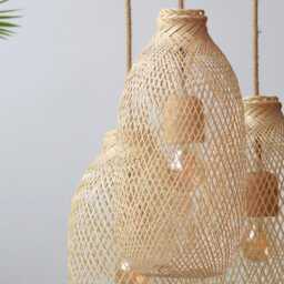 Triple Drop Bamboo Pendant Light Cluster Canopy Plate Hardwire Woven Fishing Trap Wooden - thumbnail 3