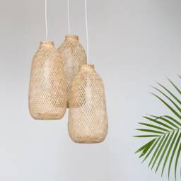 Triple Drop Bamboo Pendant Light Cluster Canopy Plate Hardwire Woven Fishing Trap Wooden
