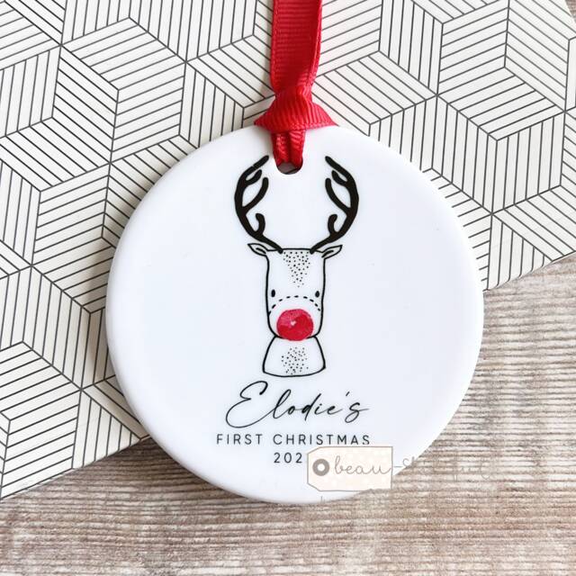 Personalised Baby Babies Baby's First Christmas Boy Girl Newborn Red Nose Reindeer Design Ceramic Or Acrylic Round Ornament Keepsake - image 1