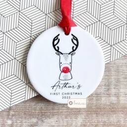 Personalised Baby Babies Baby's First Christmas Boy Girl Newborn Red Nose Reindeer Design Ceramic Or Acrylic Round Ornament Keepsake - thumbnail 2