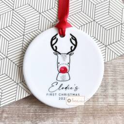 Personalised Baby Babies Baby's First Christmas Boy Girl Newborn Red Nose Reindeer Design Ceramic Or Acrylic Round Ornament Keepsake - thumbnail 1