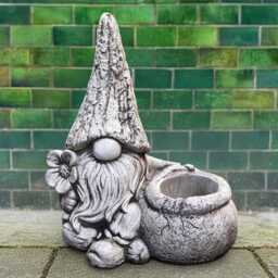 Stone Gnome With Flower Pot Statue Concrete Planter Sculpture Whimsical Outdoor Figurine Handcrafted Garden Elf Ornament Front Door Art Gift - thumbnail 4