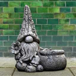 Stone Gnome With Flower Pot Statue Concrete Planter Sculpture Whimsical Outdoor Figurine Handcrafted Garden Elf Ornament Front Door Art Gift - thumbnail 1