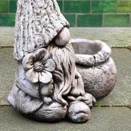 Stone Gnome With Flower Pot Statue Concrete Planter Sculpture Whimsical Outdoor Figurine Handcrafted Garden Elf Ornament Front Door Art Gift - thumbnail 3