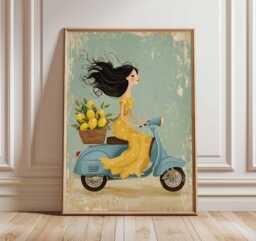 Italian Scooter Poster, Retro Wall Art, Lemon Girl Illustration, Mediterranean Travel Print, Whimsical Vintage Decor - thumbnail 1